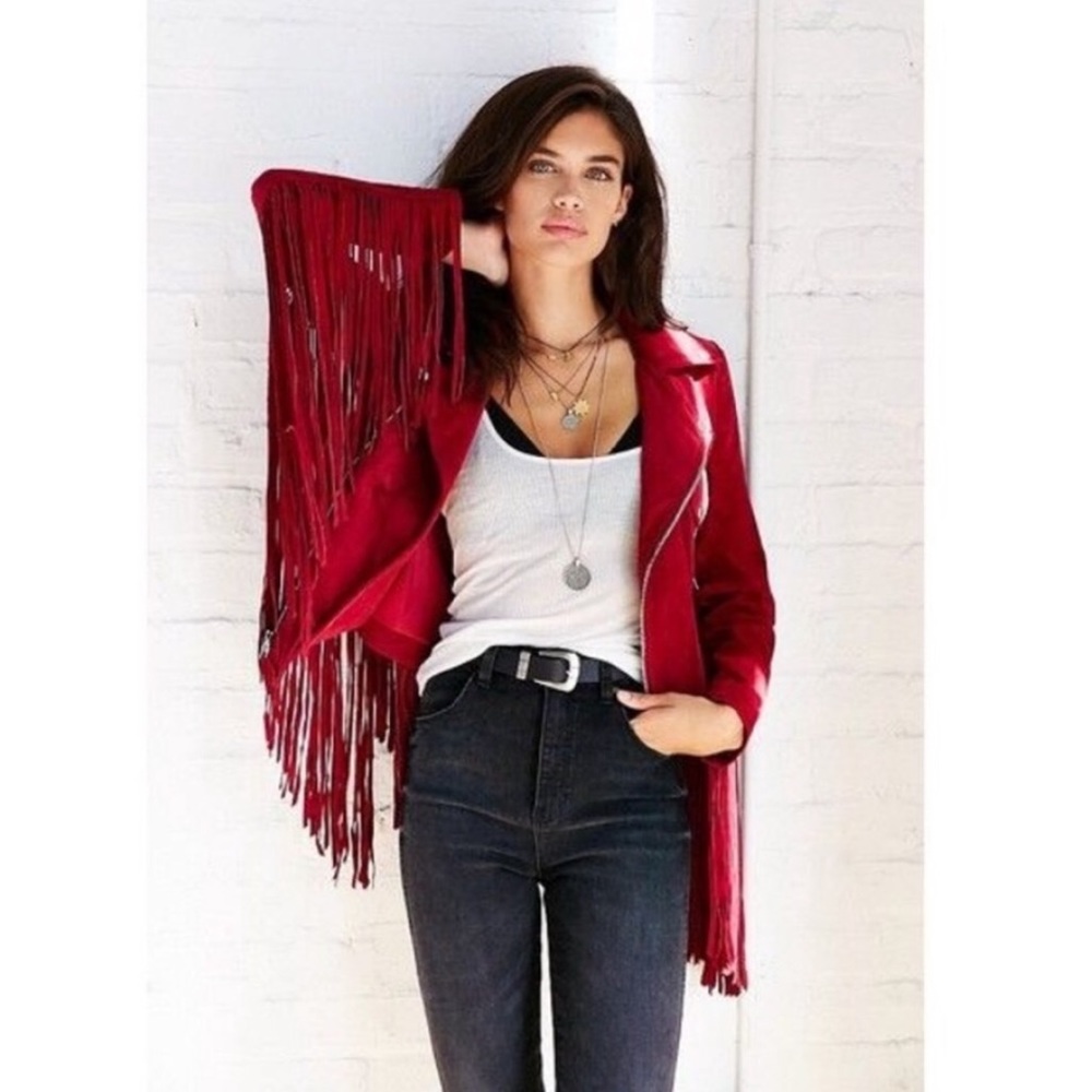 Red suede jacket with fringe.